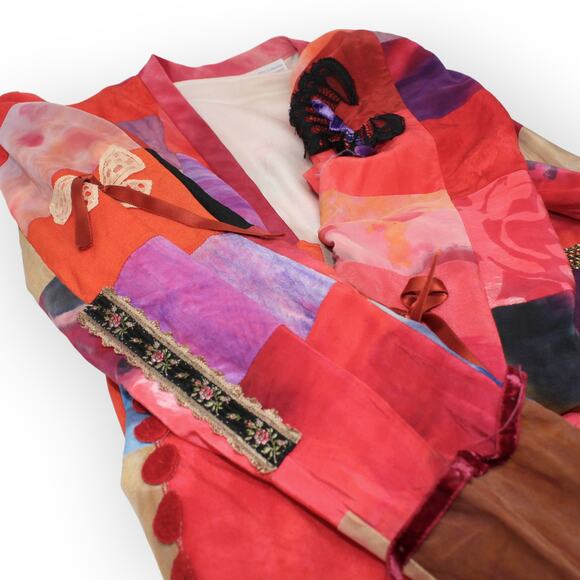 Vintage 24Collection Silk Patchwork Long Open Jacket Fuschia Lightweight - Picture 4 of 11